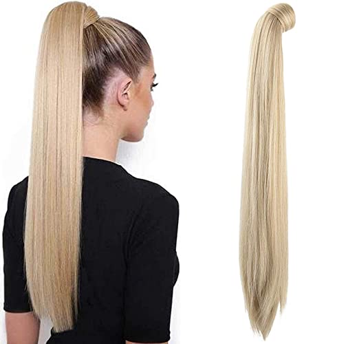 Photo 1 of SEIKEA 28 Inch Clip in Ponytail Extension Wrap Around Long Straight Pony Tail Hair Synthetic Hairpiece for Women Color Blonde with Pale Gold Highlights