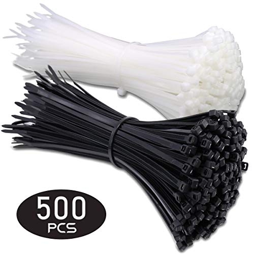 Zip Ties 8 inch, 500 PCS Heavy Duty Cable Wire Ties, White & Black Half with Easy Self-Locking Tie Wraps, Multipurpose Plastic Nylon Zipties for Tying Work Indoor Outdoor by EANINNO