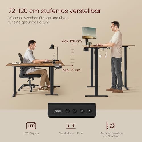 VASAGLE Höhenverstellbarer Schreibtisch elektrisch, L-förmiger Eckschreibtisch, 140 x 160 cm, mit Ladestation, Memory-Funktion mit 2 Höhen, für Homeoffice, vintagebraun-tintenschwarz LSD264K01 4