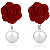 Elegant Floral Clip on Earrings for Women Vintage Red Velvet Rose Flower Pearl Dangle Earrings Non Pierced Plant Camellia Statement Earrings Jewelry
