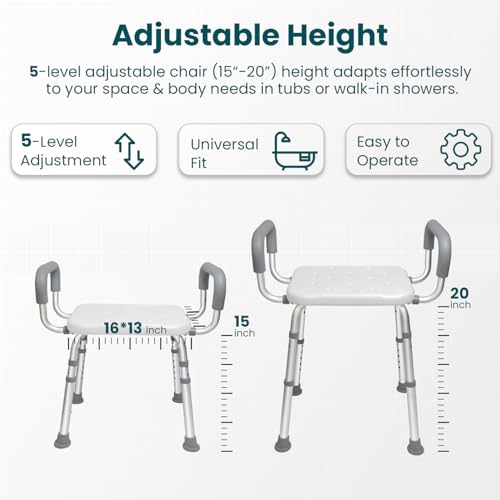 Shower Chair for Elderly and Disabled with Removable Armrests - Height Adjustable, Sturdy Non-Slip Bathroom Stool Supports up to 350 lbs for Shower and Tub