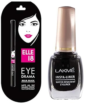 Elle 18 Eye Drama Kajal, Bold Black, 0.35g & Lakme Insta Eye Liner, Black, 9ml