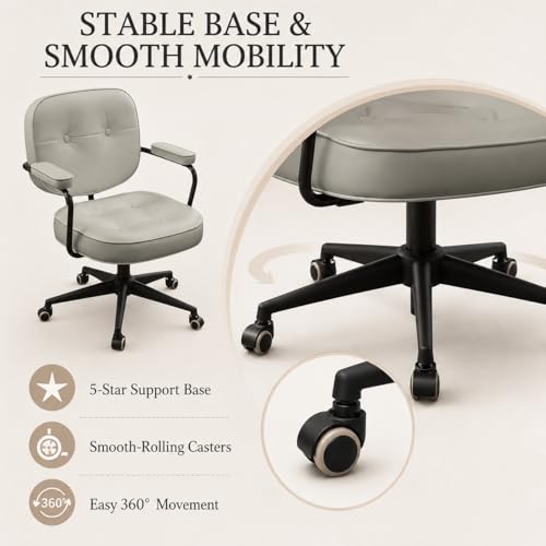 Retro Office Swivel Chair, Height Adjustable Faux Leather Desk Chair with Backrest, Padded Armrests, Tufted Cushion and Rolling Wheels for Home Office, Study Room, Bedroom, Khaki
