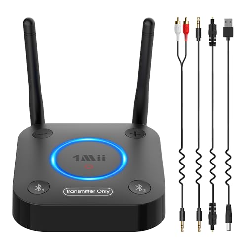 1Mii Transmisor Bluetooth 5.3 para TV a 2 Auriculares Bluetooth, Adaptador Audio Bluetooth TV con Control de Volumen, Entrada Óptica, Coaxial, Aux, RCA, aptx Baja Latencia, Largo Alcance