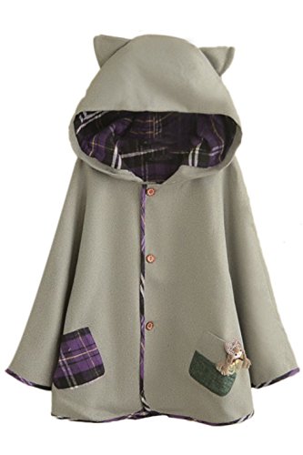 Aza Boutique Women`s Cute Button Down Tweed Cat Ears Hooded Cape Grey,One Size