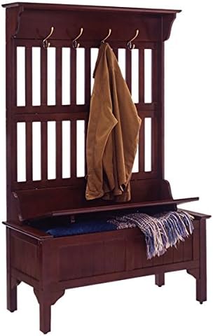 Cottage Style Hall Tree Storage Bench With Heavy Duty Brass Coat Hooks And Lacquer Finish plus FREE GIFT (Cherry)