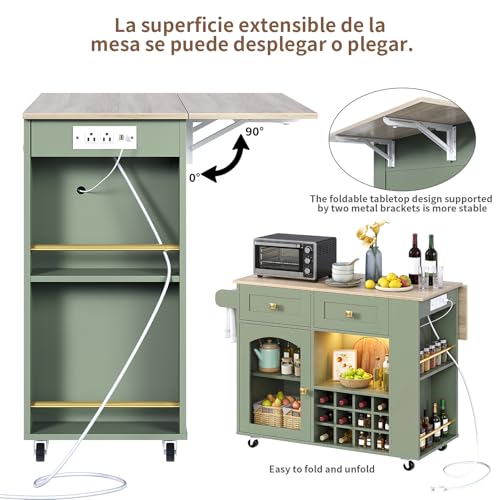 SIMPLE ESPACIO Isla de Cocina,Isla Cocina Está Equipada con una Mesa Plegable,Enchufes y Tiras de Luces,un Botellero y un Estante para Condimentos,Armarios y Cajones,Asas y Ruedas(Blanco-Verde)
