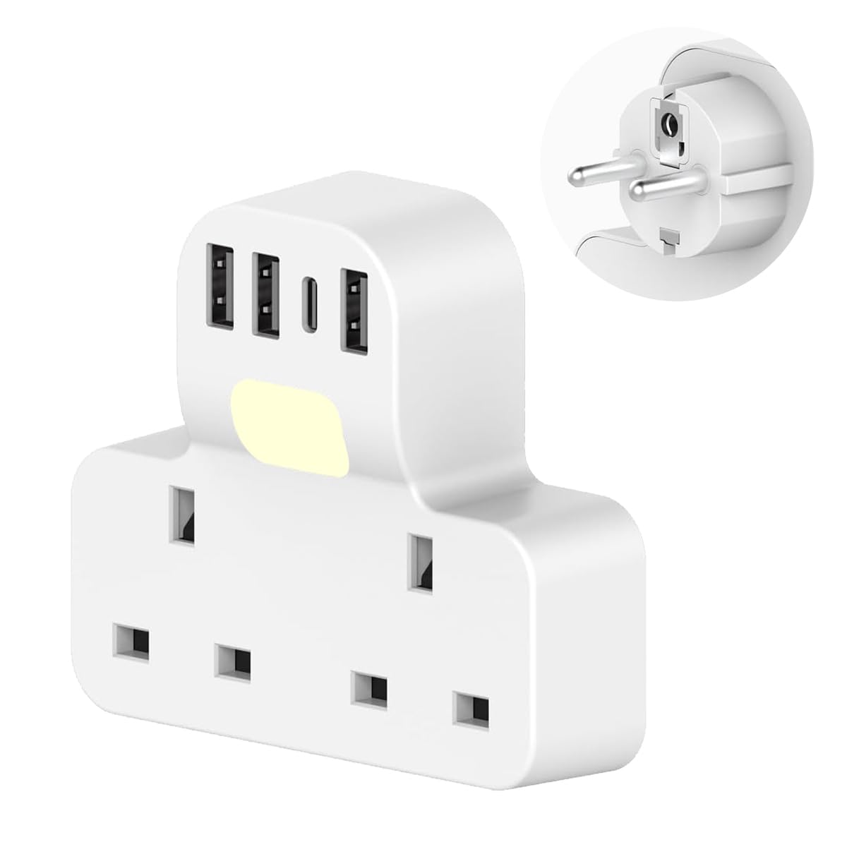 UK to European Plug Adapter with 4 USB(1 USB C),SHUOMAO 2 Way Grounded UK to EU Plug Adapter with Night Light,Travel Adapter UK to Europe for Germany France Spain Turkey Greece Turkey etc(Type E/F)