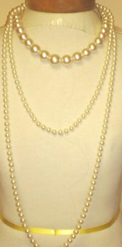 4fmg1.063, Set of Two Simulated Graduated Ivory Pearls Short Chain and the Other Very Long Shown Two Strands Necklace Earrings for Women and Teens