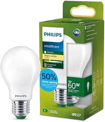 LED Lampadina Goccia Classe A Ultra Efficiente a Risparmio Energetico, Vetro Smerigliato, 60W, E27, Luce Bianca Calda, Non Dimmerabile