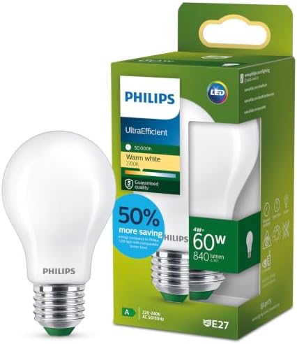 LED Lampadina Goccia Classe A Ultra Efficiente a Risparmio Energetico, Vetro Smerigliato, 60W, E27, Luce Bianca Calda, Non Dimmerabile