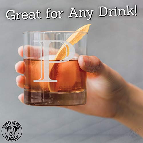 Etched Monogram 10.5oz Rocks Old Fashioned Lowball Glass for Whiskey Scotch Bourbon (Letter P)