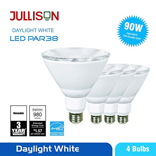 JULLISON 4 Packs PAR38 LED Bulb, 120V/13W/980Lumens/40 Degrees Beam, 90W Equivalent, 4000K Cool White, CRI80, Dimmable, Glass Lens, Outdoor Flood, E26 Base, UL - Thumbnail 4