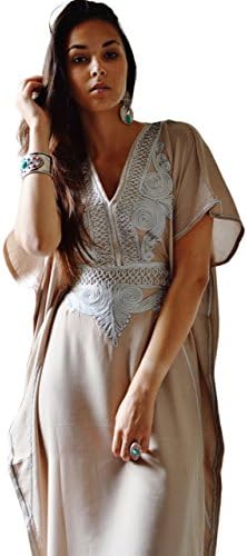 New Handmade Ladies Kaftan Resort Wear Cover-up Fashion Beige with Silver Marrakech Cotton Caftan