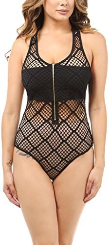 Karies Womens Sexy Backless Shiny Metallic Spandex and Racerback Fishnet Thong Bodysuit(NJ3353/NJ3206/NJ3068)