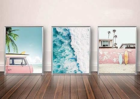 Amazon Com Vouoron Summer California Beach Palm Photo Coastal Wall Art Prints With Pink Surfboard Set Of 3 8 X10 Canvas Picture Used For Bedroom Wall Art Printing Posters Office Home Decor No Frame