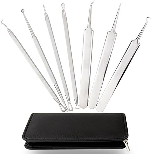 ZIZZON Blackhead Remover Kit Pimple Comedone Extractor Tool Set Treatment for Blemish, Zit, Acne Curved Blackhead Tweezers Kit 7pcs