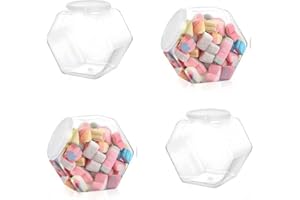Plastic Candy Jars with Lids, CAASFOOY 4 pcs Hexagonal with Airtight Lids Clear Candy Jar, Wide Mouth Food Container, Clear C