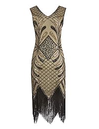 Vestidos de mujer Roaring 20s con cuello en V Gatsby Flapper con conjunto de accesorios