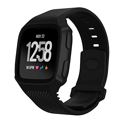 Saying Rugged Protective Case With Silicone Wrist Strap Bands for Fitbit Versa, Easy Installation and Remove (Black)