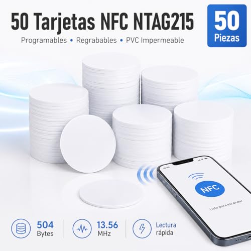 RJIHOEN Etiquetas NFC,50pzs Chip NFC tarjetas redondas,NTAG 215,memoria de 504 bytes totalmente programable, compatible con TagMo y Amiibo, para Android iPhone y todos los dispositivos (50)