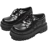 Women's Leather Chunky Platform Goth Oxford Shoes with Metal Decor Simple Big Wide Toe Comfort Non-Slip Lug Sole Lace-up Punk Work Dress Shoes