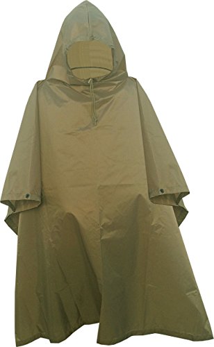 Military Style Ripstop Nylon Poncho Size: 55 x 90" Made in U.S.A. Ripstop Rain Poncho (Tactical Tan)