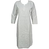 Mogul Interior Womans White Tunic Dresses Cotton Paisley Floral Embroidery Caftan Dress