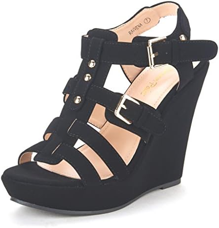 DREAM PAIRS RAVVENA Women's Summer Open Toe Strappy Buckle Cut-out Wedge Platform Heel Casual Sandals BLACK NUBUCK SZ 8