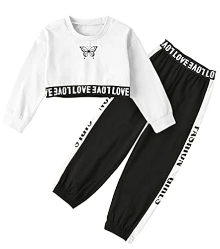 Girls Cute Butterfly Print Pullover Crop T Shirts Jogging Pants