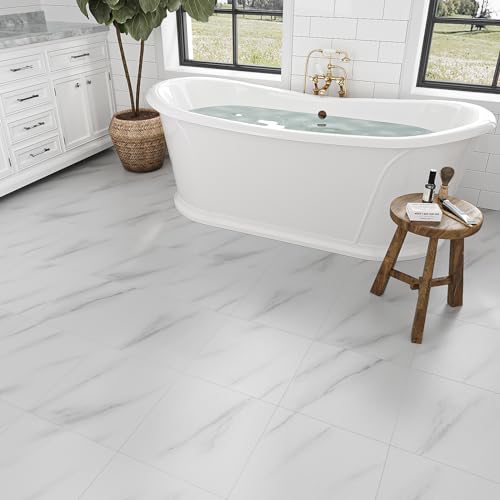 VEELIKE Waterproof Self-Adhesive Vinyl Floor Tiles Modern White Marble Effect Easy Install Peel and Stick Floor Tiles Durable PVC Flooring for Kitchen Bedroom Living Room Commercial 11.8"x11.8" 24 Pcs