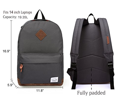 Vaschy School Backpack for College Students Casual Daypack with Padded 14 inch Laptop Compartment Dark Gray