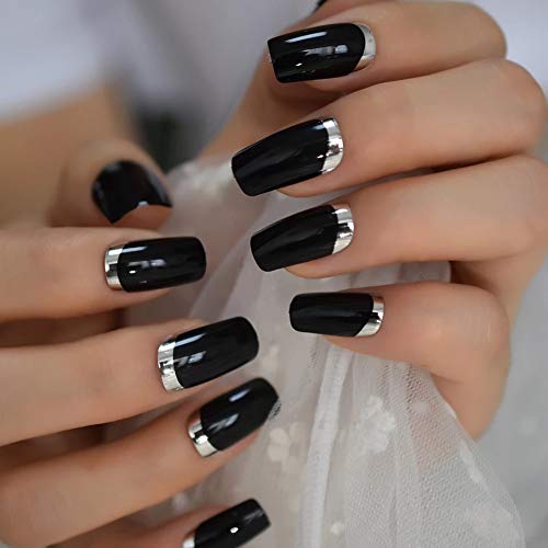 EDA LUXURY BEAUTY BLACK SILVER CHROME FRENCH GLAMOROUS DESIGN Full Cover Press On Gel Glitter Artificial Nail Tips Shiny Acrylic False Nails Extra Long Ballerina Coffin Square Super Fashion Fake Nails 2 EDA LUXURY BEAUTY BLACK SILVER CHROME FRENCH GLAMOROUS DESIGN Full Cover Press On Gel Glitter Artificial Nail Tips Shiny Acrylic False Nails Extra Long Ballerina Coffin Square Super Fashion Fake Nails