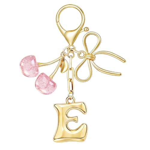 MWOOT Llavero con Letra inicial de burbuja con lazo y cereza, Llaveros de Letra lindos para mujeres,Encantos de bolso mochila y bolso de mano, Rosa