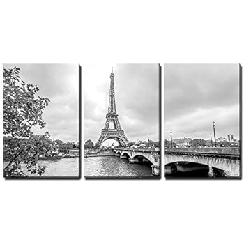 wall26 - 3 Piece Canvas Wall Art - Paris Eiffel Tower from Seine. Cityscape in Black and White - Modern Home Decor Stretched and Framed Ready to Hang - 16