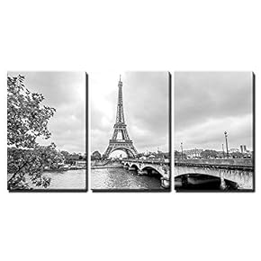 3 Piece Canvas Wall Art - Paris Eiffel Tower from Seine. Cityscape in Black and White - Modern Home Art Stretched and Framed Ready to Hang - 16"x24"x3 Panels