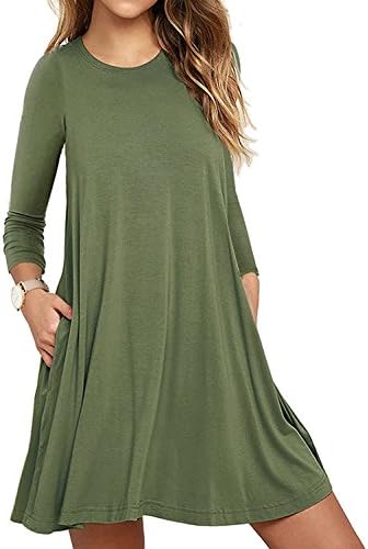 Women's Long Sleeve Pocket Casual Loose T-Shirt Dress (S, Army Green)