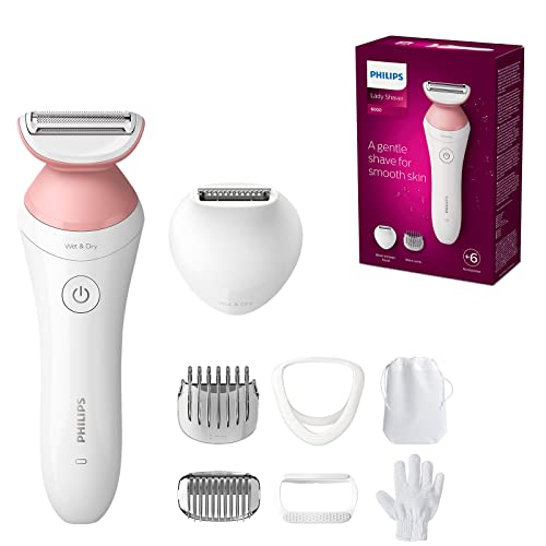PHILIPS Lady Shaver Series 6000, Kabelloser Rasierer mit 6 Zubehörteilen Körperpeeling-Handschuh, Trimmer für die Bikinizone (Modell BRL146/00), Weiß/
