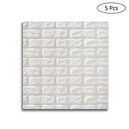 5-Pack 3D Wall Panels Wall Stickers, (30.3x27.6 inch) Waterproof XPE Foam 3D Brick Easy Self-Adhesive for Interior Wall Decoration Brick Design Soft Panels (White)