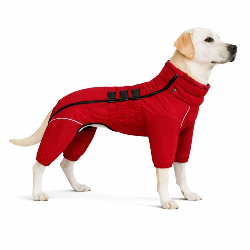 Warm Dog Coat Double Layers Dog Vest, 4 Legs Covered Windproof Waterproof Reflective Warm Dog Vest Outdoor Skating Dog Costume for Small Medium Large Dogs Red 4XL