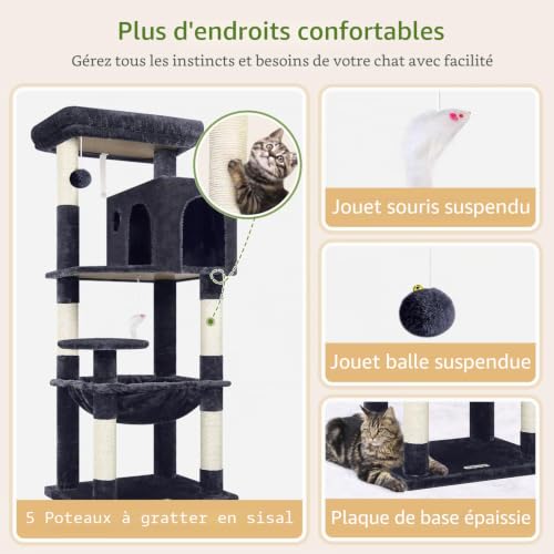 Globlazer Cat Tree 137 cm with Extra Large Hammock 45 x 40 cm, Large Kennels, Padded Platform, Easy to Install Indoor Cat Trees for Adult Cats, Rest Game Scratching (F53, Dark Grey)