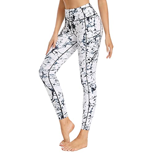 HOUMOUS WOMEN’S 4 OUT POCKETS BUTTERY SOFT HIGH WAISTED FULL-LENGTH YOGA PANTS (MARBLE,L)