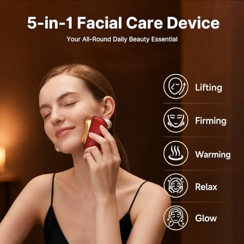 ZDEER GS5 Brass Heated Electric Gua Sha Facial Sculpting Tool with Vibration, Women's Facial Massager, LED Red Light Therapy for Neck & Face, Skin Firming Device, Premium Birthday Gift for Women, Red | Brass Heated Electric Gua Sha Facial Sculpting Tool with Vibration