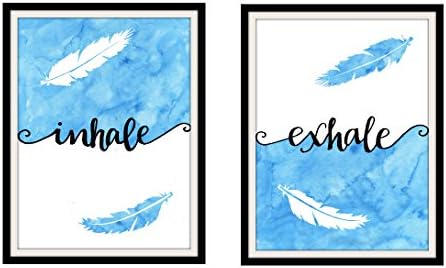Inhale Exhale Print Pair of Prints Feather Art Wall Decor Zen Decor Blue and White Artwork - 2 Pieces