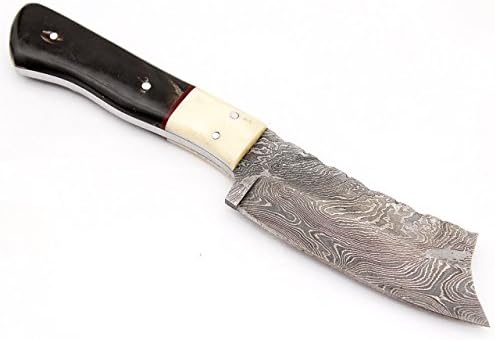 RA-10002 Custom made damascus steel hunting knife Horn and bone handle, with real leather sheath.