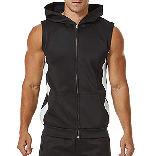 Sleveless Tops,Men Zipper Splicing Sports Vest Striped Splice Large Open-Forked Male Vest,Sports Fan Shop,Black,M