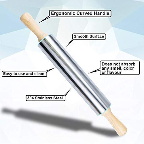 Rolling Pin and Silicone Pastry Mat Set,Stainless Steel Rolling Pin for Baking Dough,Fondant,Dumpling,Pizza,Pie,Pastries,Pasta and Cookies (stainless steel)