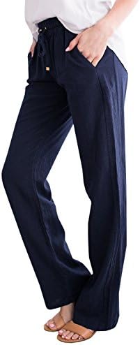 Geckatte Womens Casual Linen Pants Comfy Elastic Waist Drawstring Loose Long Pants with Pockets