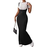 LIGHT DOT Women's Overall Dress Maxi Suspender Skirt Bodycon Ribbed High Waist Adjustable Straps Without Shirt