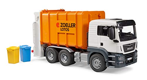 bruder 03762 - Man TGS Hecklader Müll-LKW & 2 Mülltonnen - 1:16 Abfalltonnen Müllabfuhr Müllauto Müllwagen Müllmann Abfallentsorgungs-Fahrzeug Lastwagen Laster Spielzeug – Bild 3